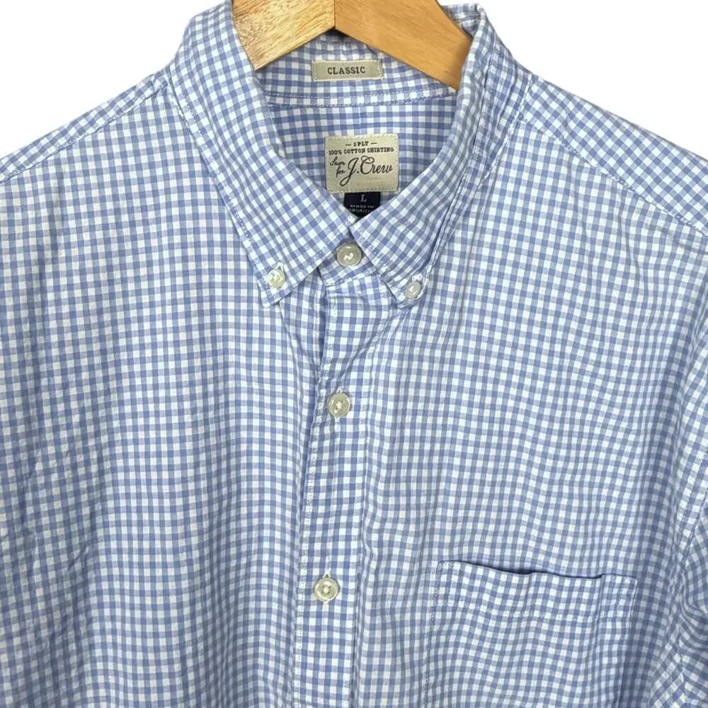 J. Crew Mens L Blue Gingham Check 100% Cotton Button Down Shirt Long Sleeve